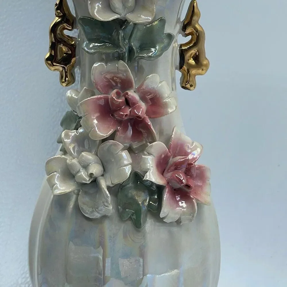 Vintage Vase iridescent Lusterware applied ceramic roses. - Picture 2 of 9